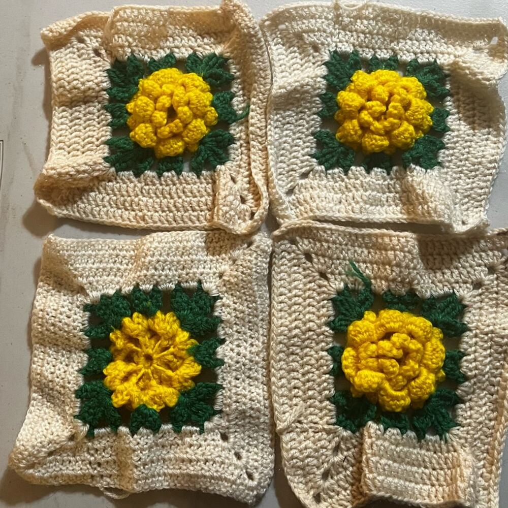 4 Vintage Hand Knit Crochet Granny Squares Yellow Flower Green Cream